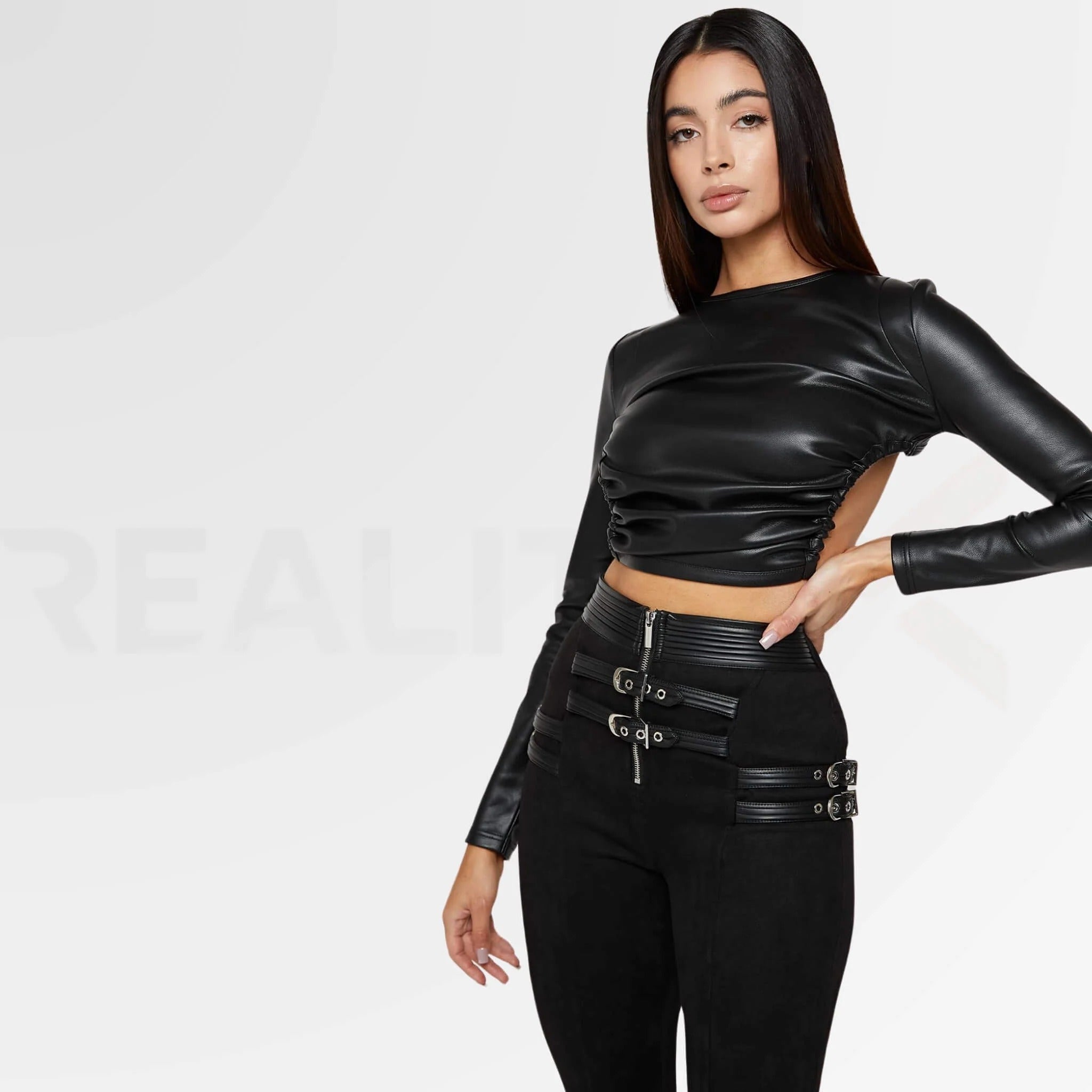 Women's Black Backless Genuine Leather Top