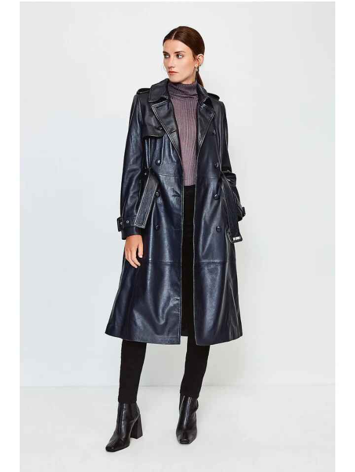 Women’s Black Belted Button Downed Sheepskin Leather Trench Coat