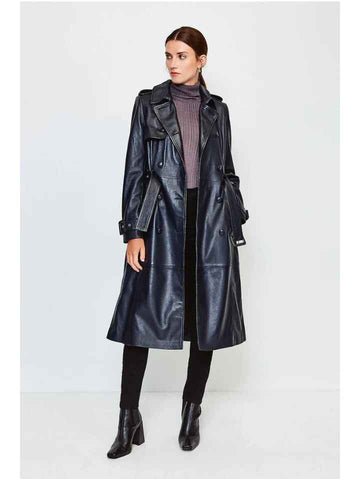 Women’s Black Belted Button Downed Sheepskin Leather Trench Coat