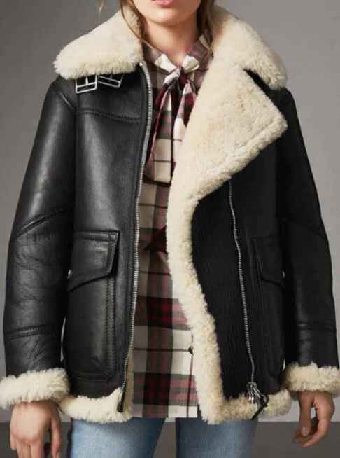Women's Black Belted Collar Ivory Sheepskin Shearling Leather Jacket