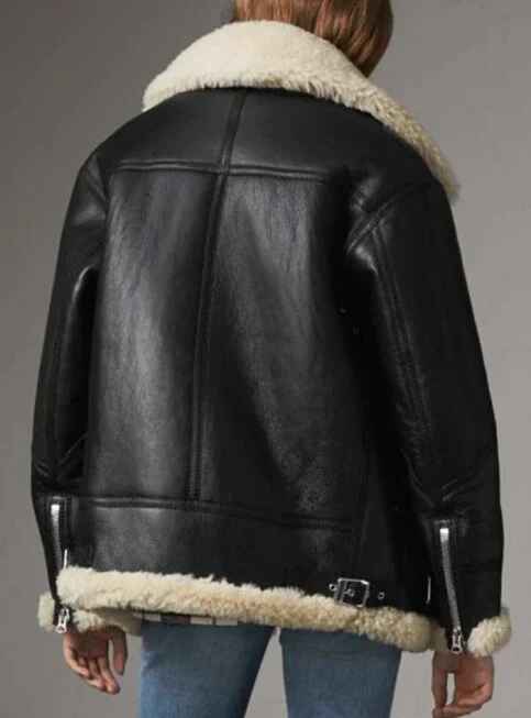 Women's Black Belted Collar Ivory Sheepskin Shearling Leather Jacket