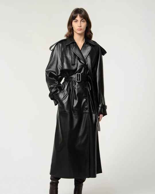 Women's Black Belted Leather Trench Coat