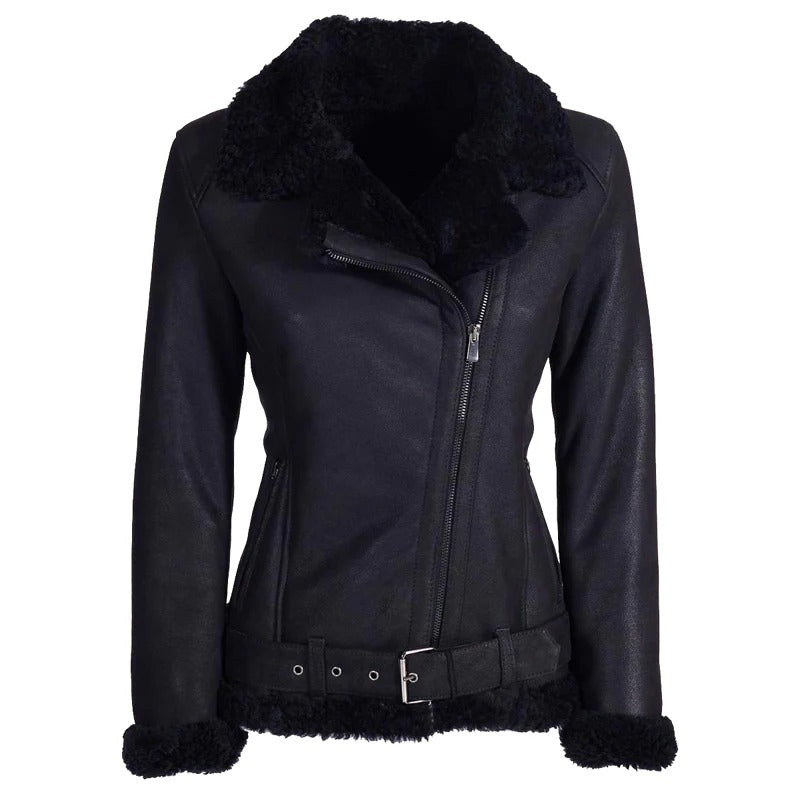 Women's Black Belted Shearling Leather Jacket