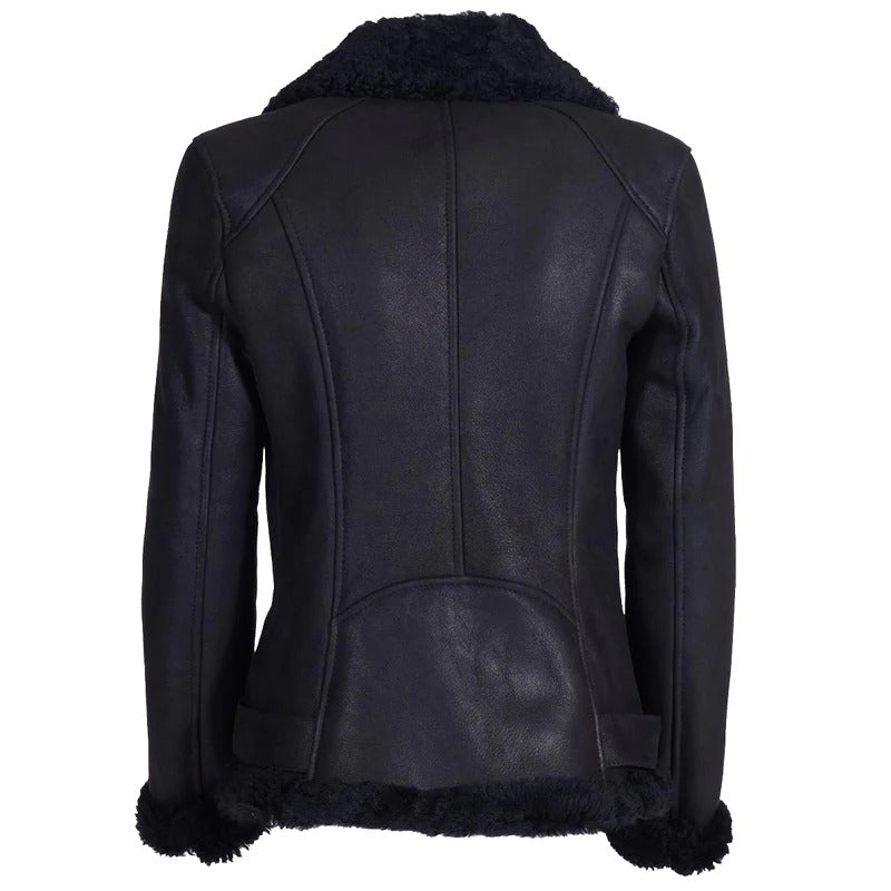 Schwarze Shearling-Lederjacke mit Gürtel für Damen