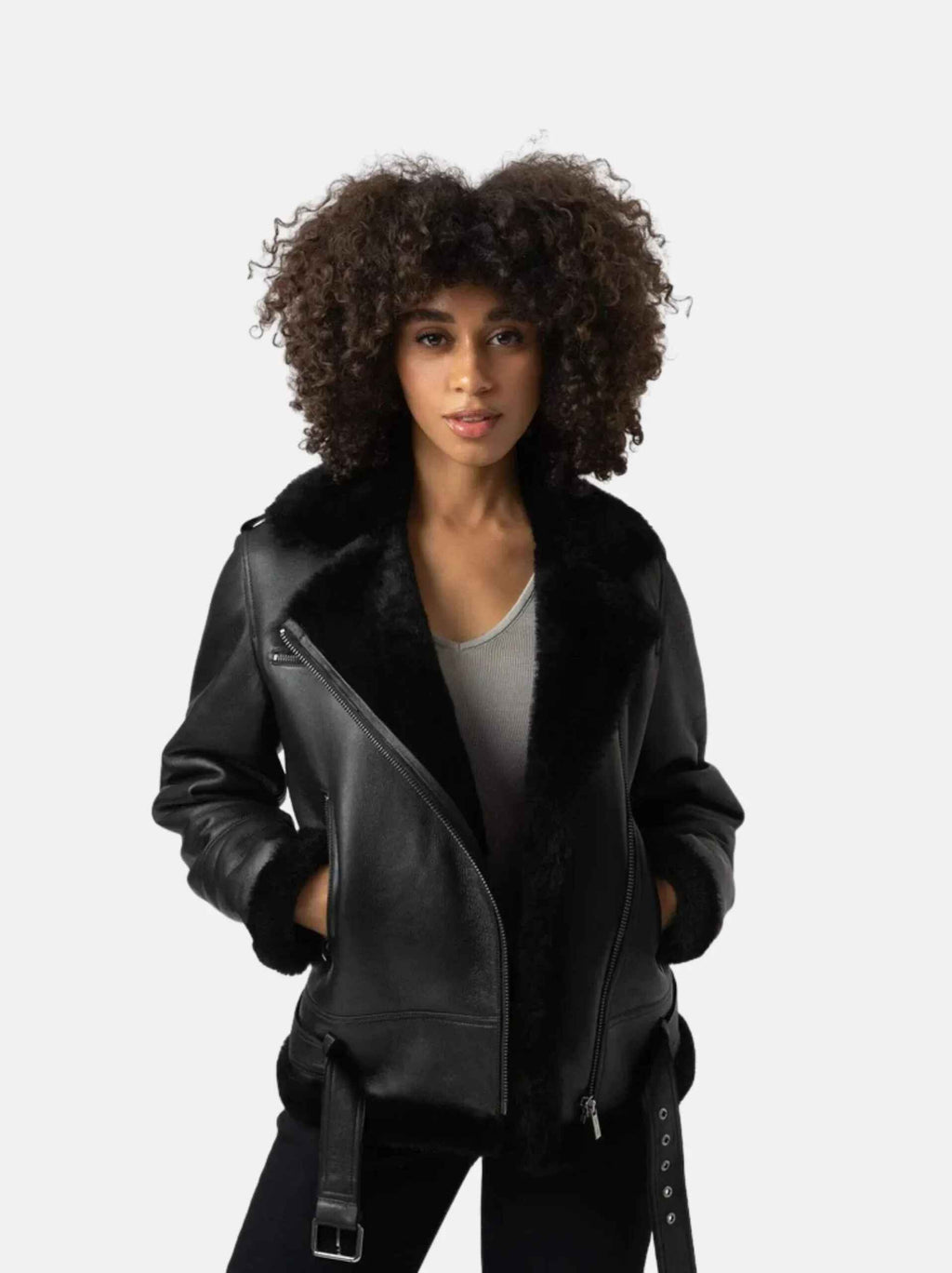 Women’s Black Belted Sheepskin Shearling Leather Jacket