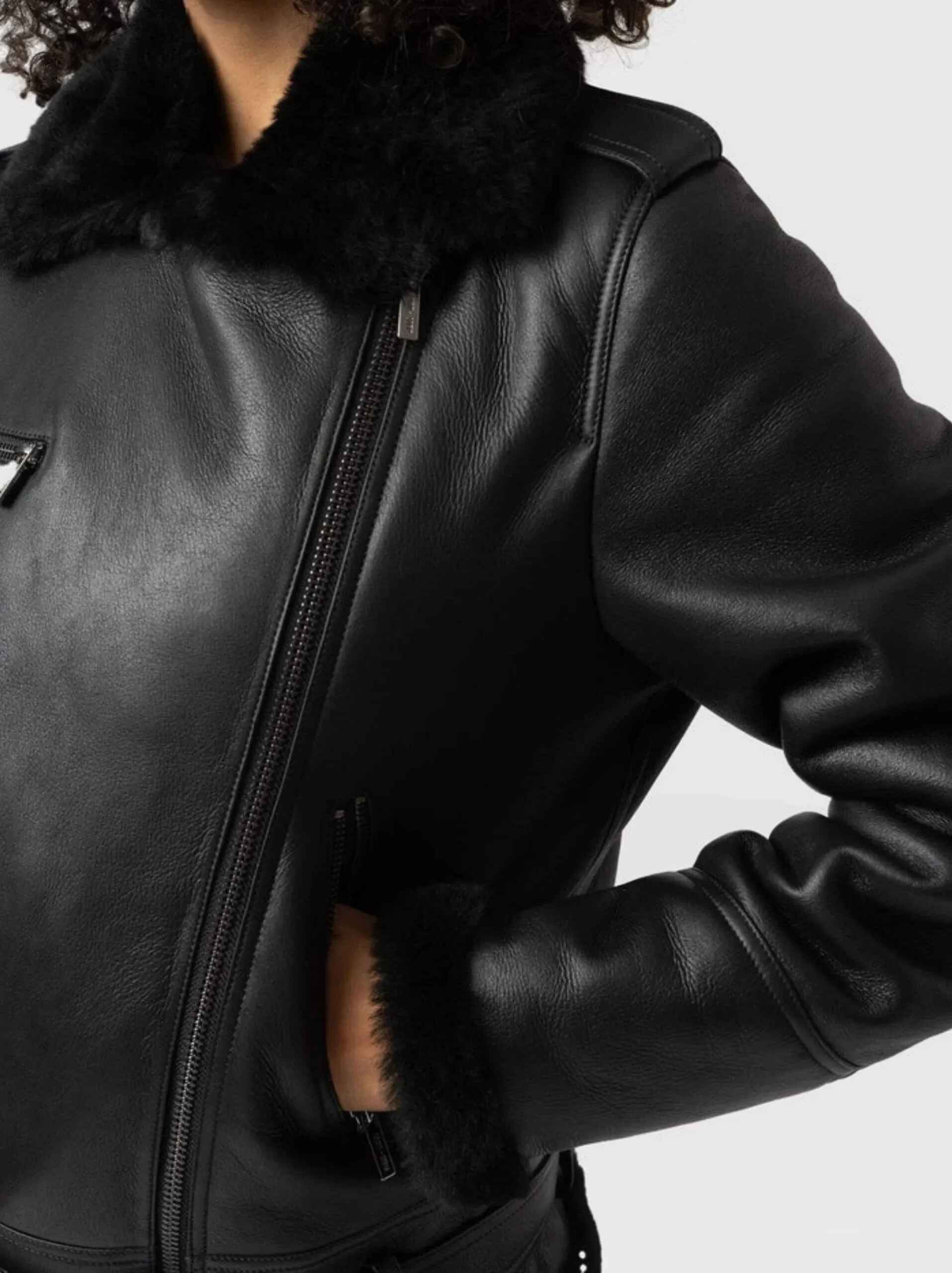 Women’s Black Belted Sheepskin Shearling Leather Jacket