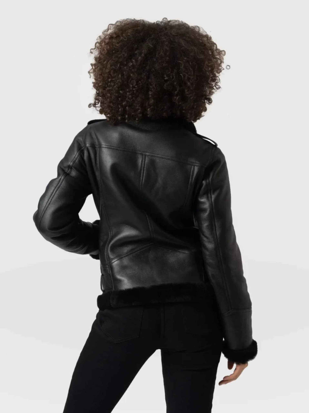 Women’s Black Belted Sheepskin Shearling Leather Jacket