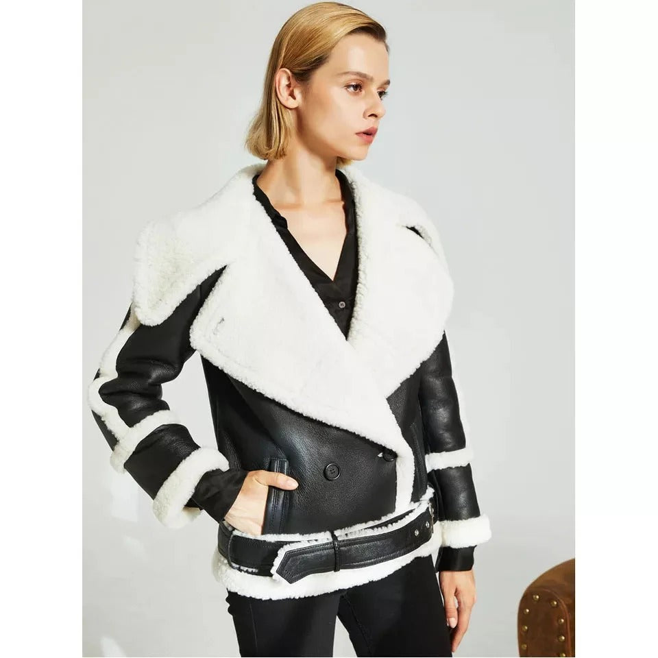 Women’s Black Big Collar Two Pockets Leather White Shearling Fur Coat