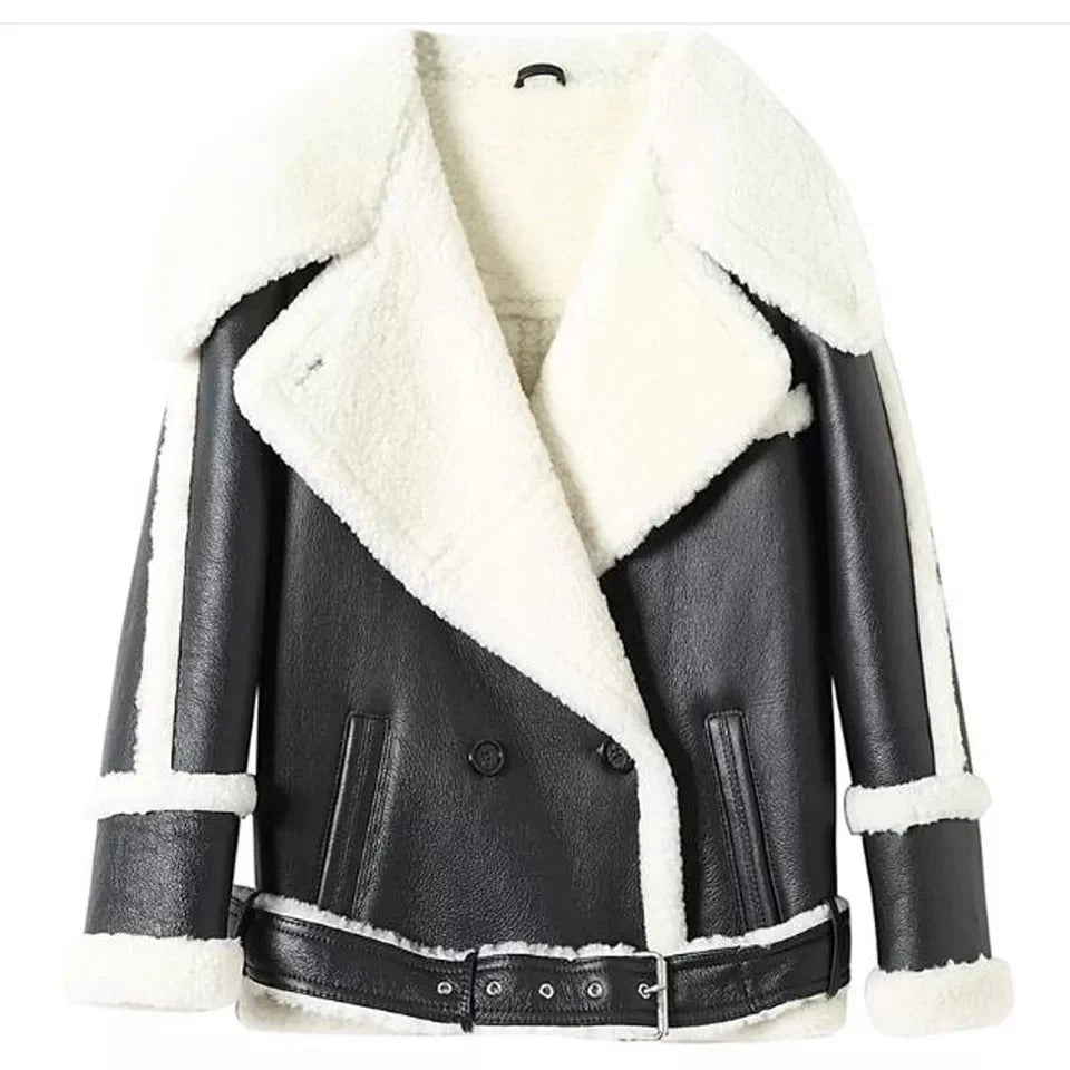 Women’s Black Big Collar Two Pockets Leather White Shearling Fur Coat