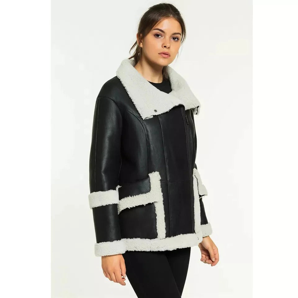 Women’s Black Big Fur Collar One inner Pocket Leather White Shearling Fur Coat
