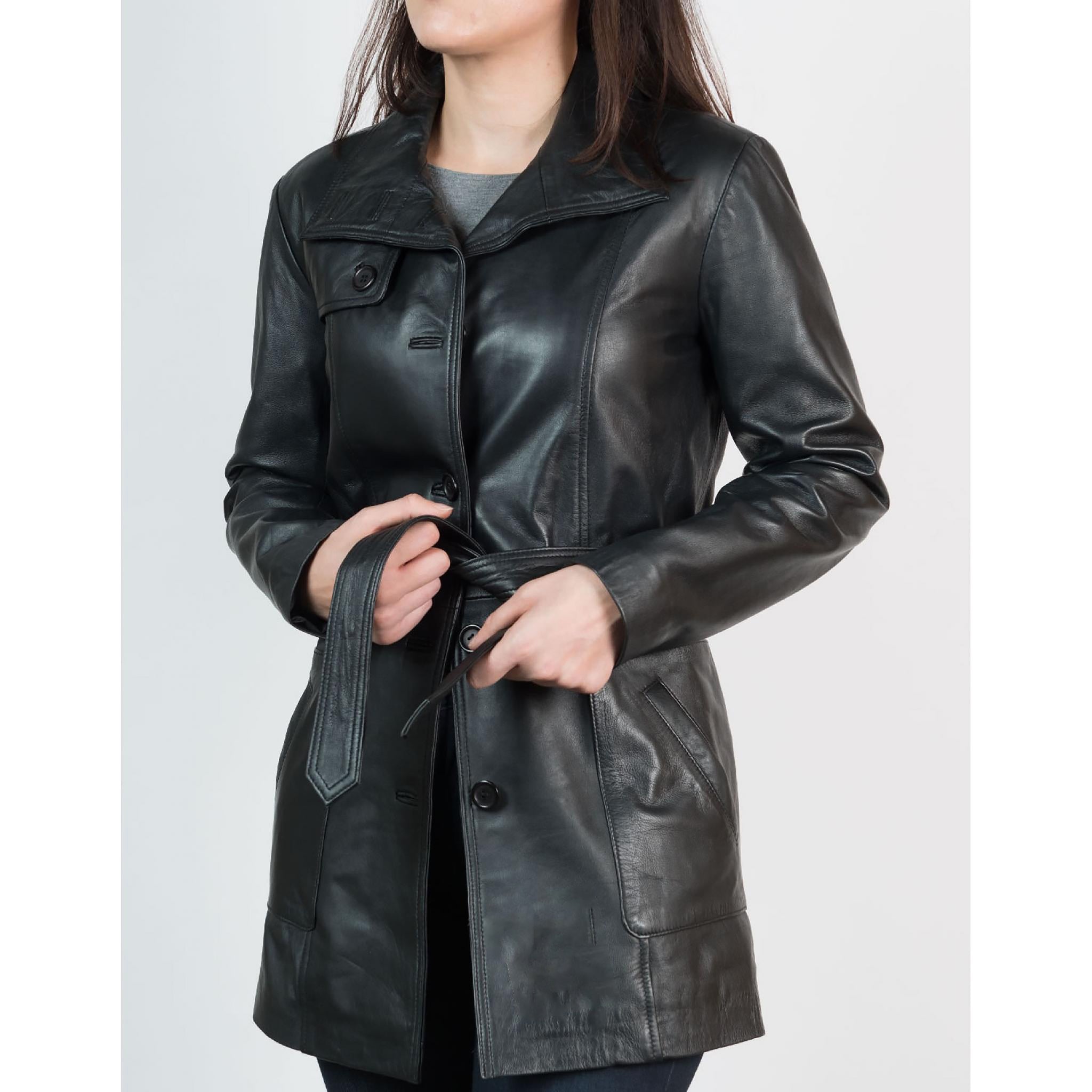 Schwarzer 3/4-Ledermantel für Damen mit Schnallengürtel