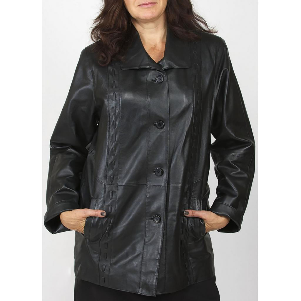 Women's Black Buckle Belt 3/4 Length Leather Coat