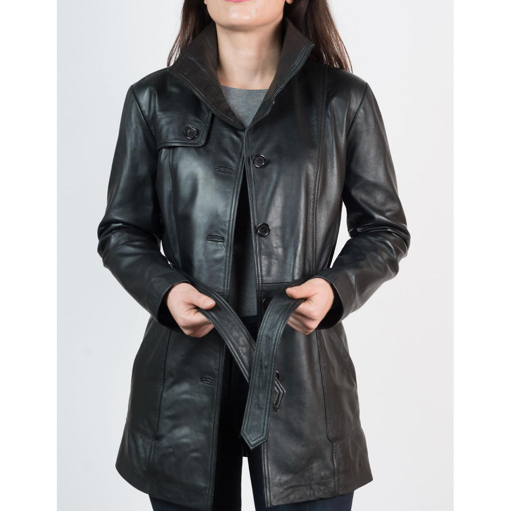 Women's Black Buckle Belt 3/4 Length Leather Coat