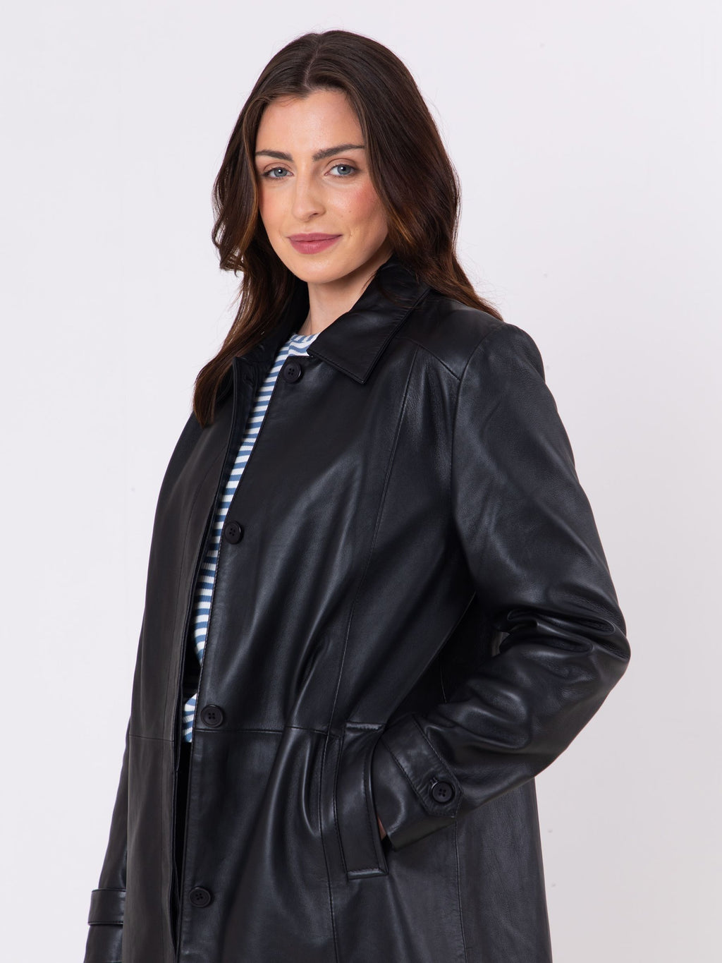 Women's Black Button Down Longline Leather Coat