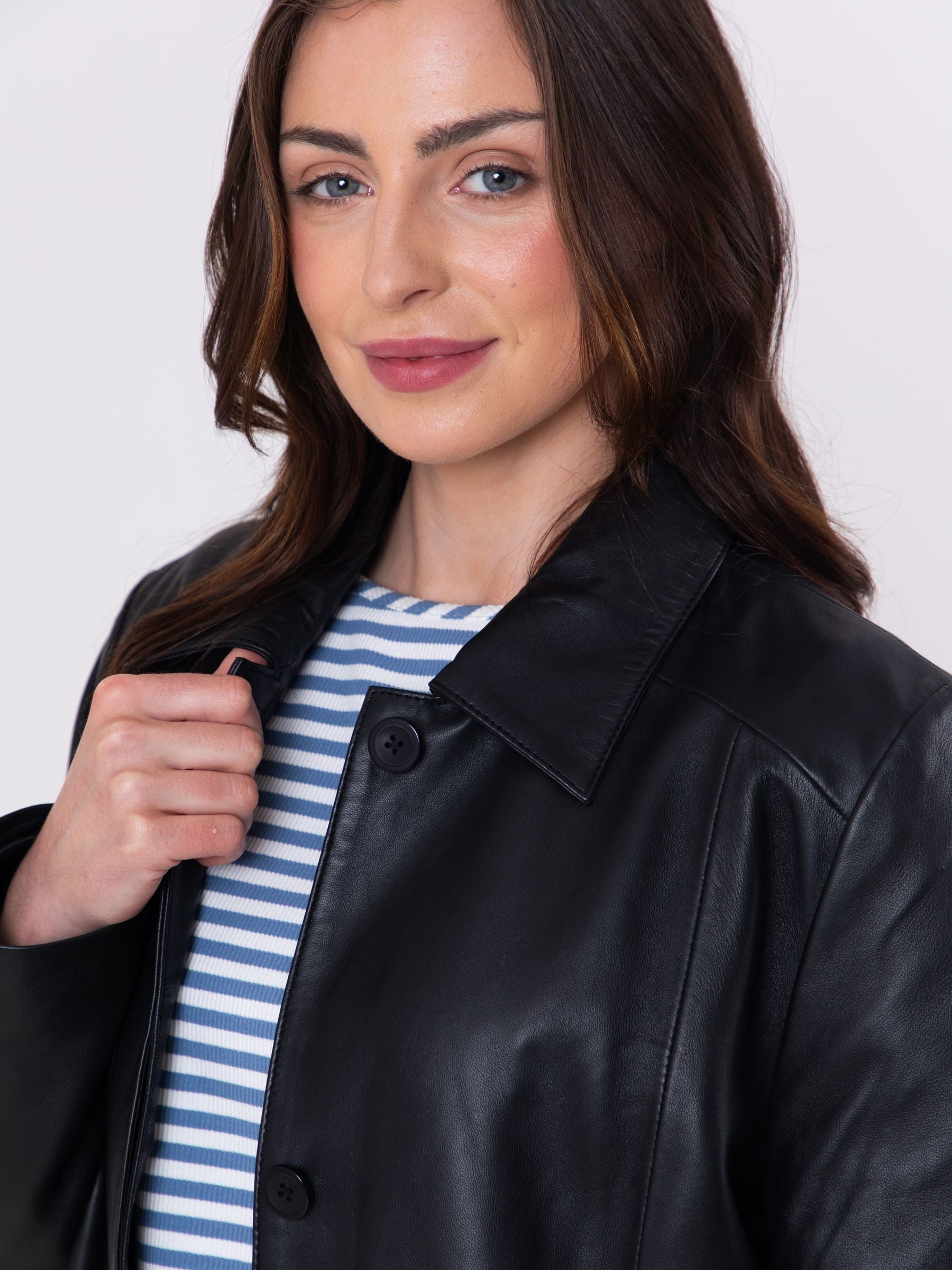 Women's Black Button Down Longline Leather Coat