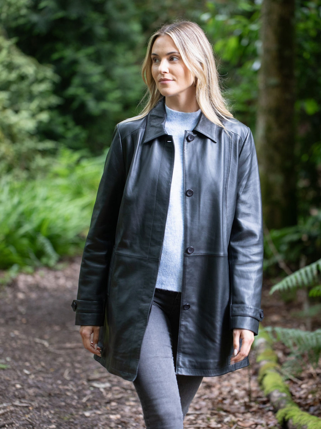 Women's Black Button Down Longline Leather Coat