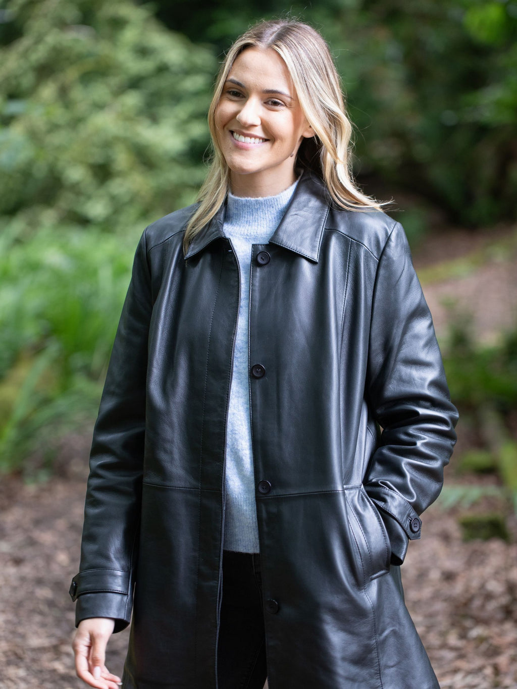 Women's Black Button Down Longline Leather Coat