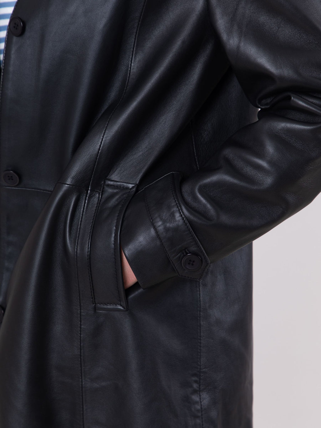 Women's Black Button Down Longline Leather Coat