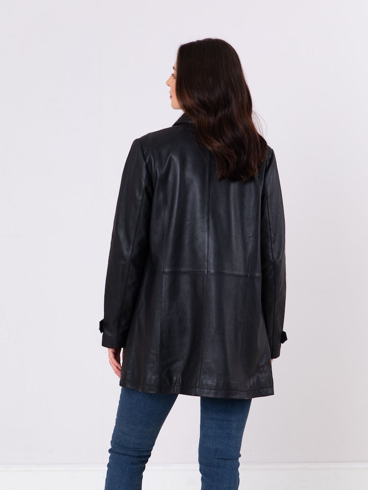 Women's Black Button Down Longline Leather Coat