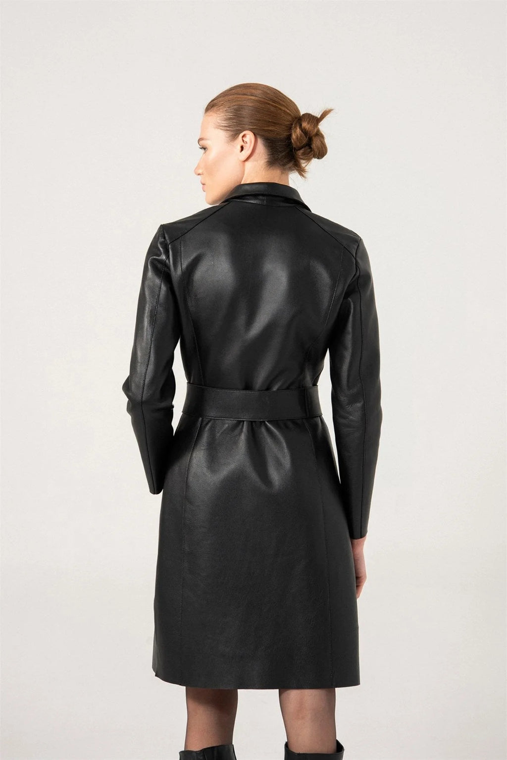 Women’s Black Button Downed Belted Sheepskin Leather Trench Coat