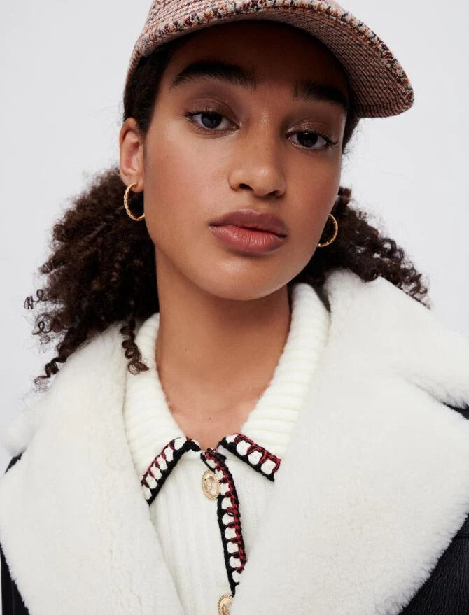 Women's Black Buttoned Shearling Leather Jacket