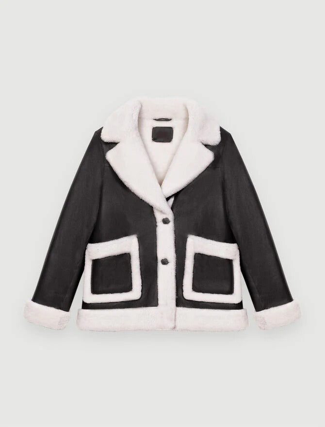 Schwarze Damen-Lammfell-Lederjacke mit Knöpfen