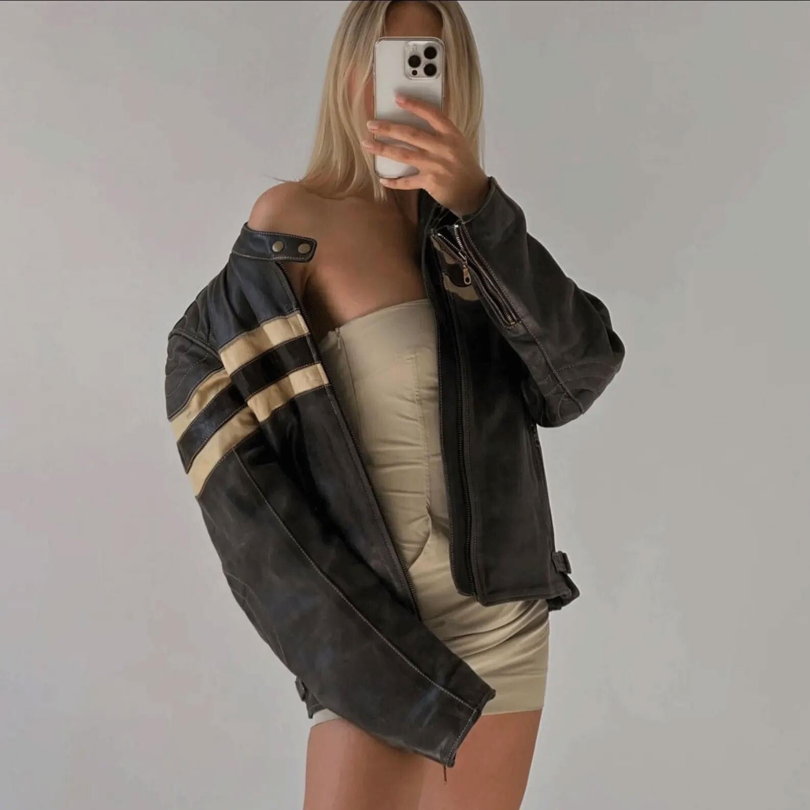 Women's Black Classic White Stripped Chest And Sleeves Oversized Leather Jacket