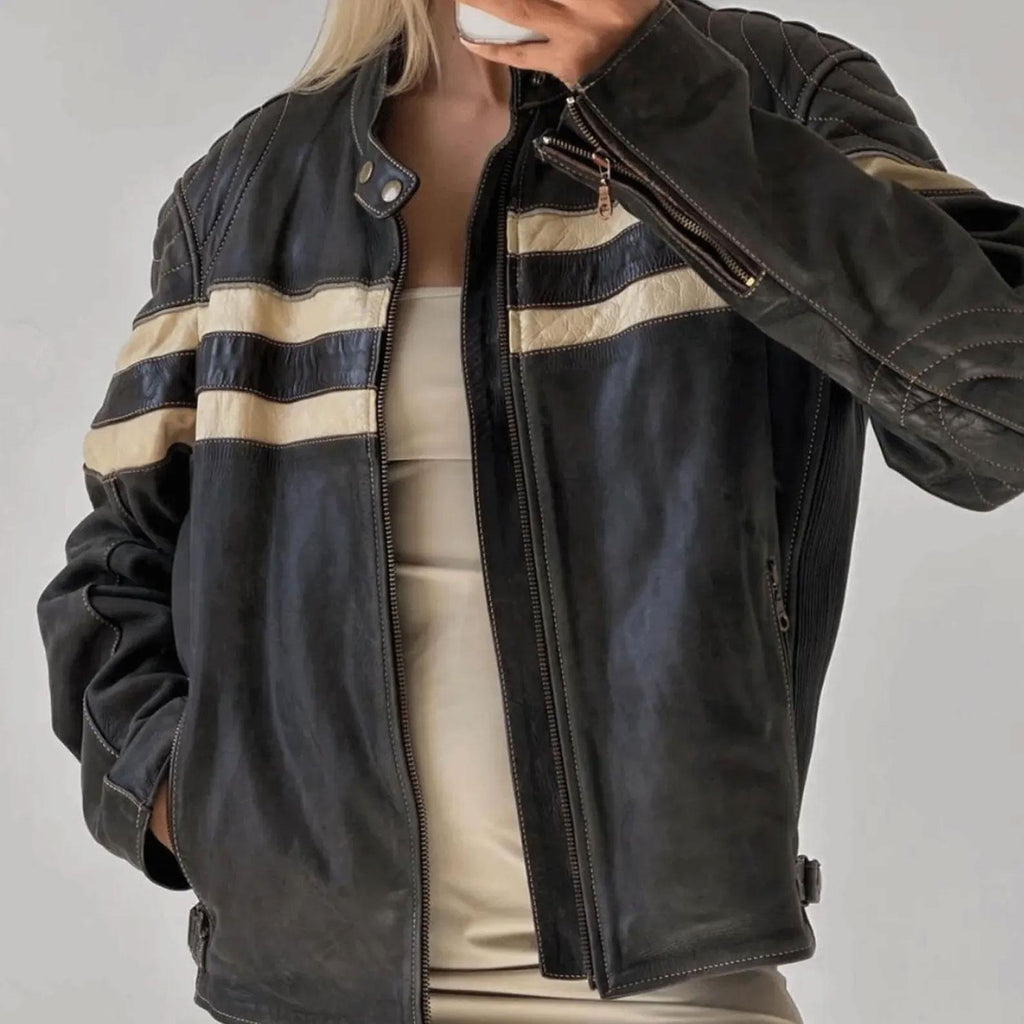 Women's Black Classic White Stripped Chest And Sleeves Oversized Leather Jacket