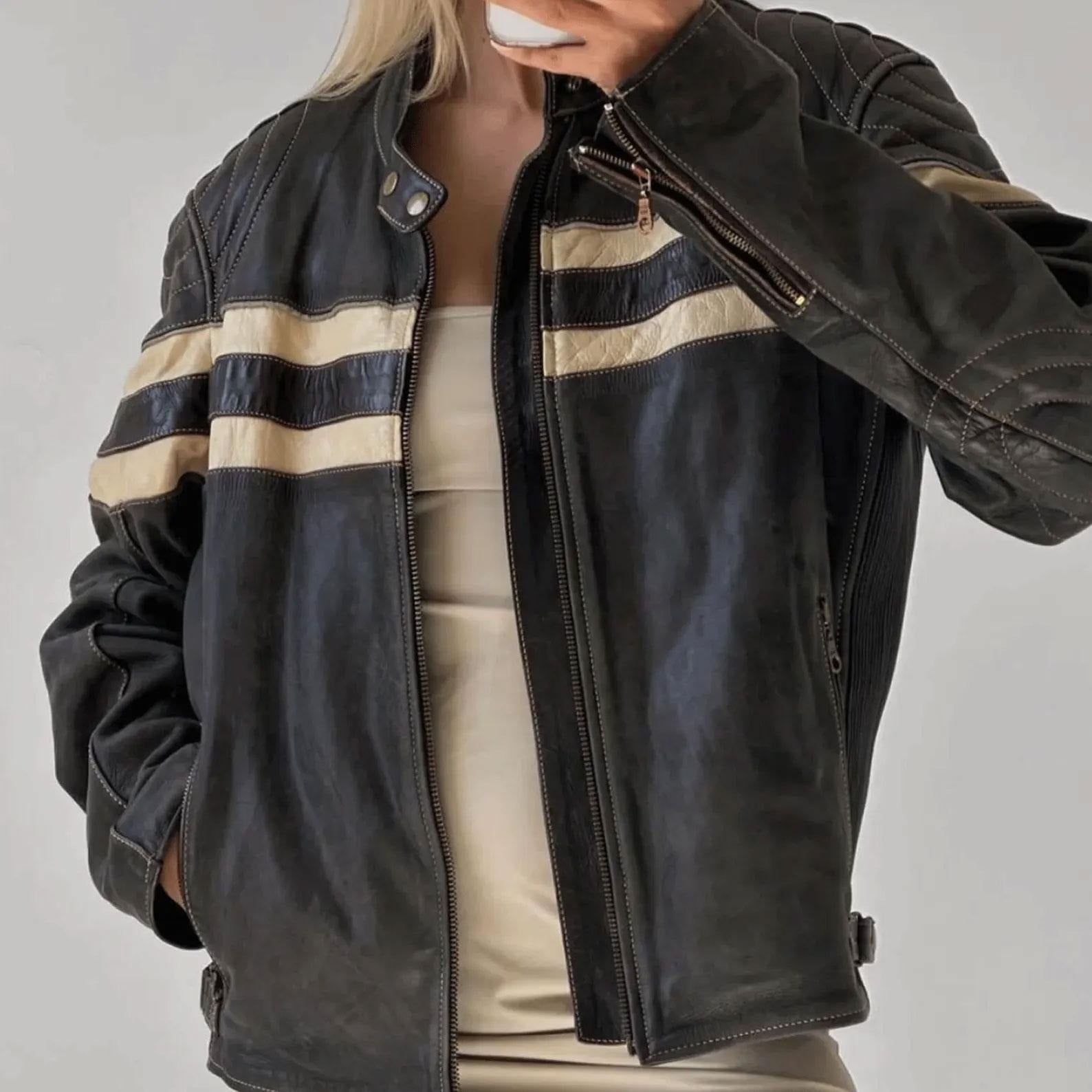 Women's Black Classic White Stripped Chest And Sleeves Oversized Leather Jacket