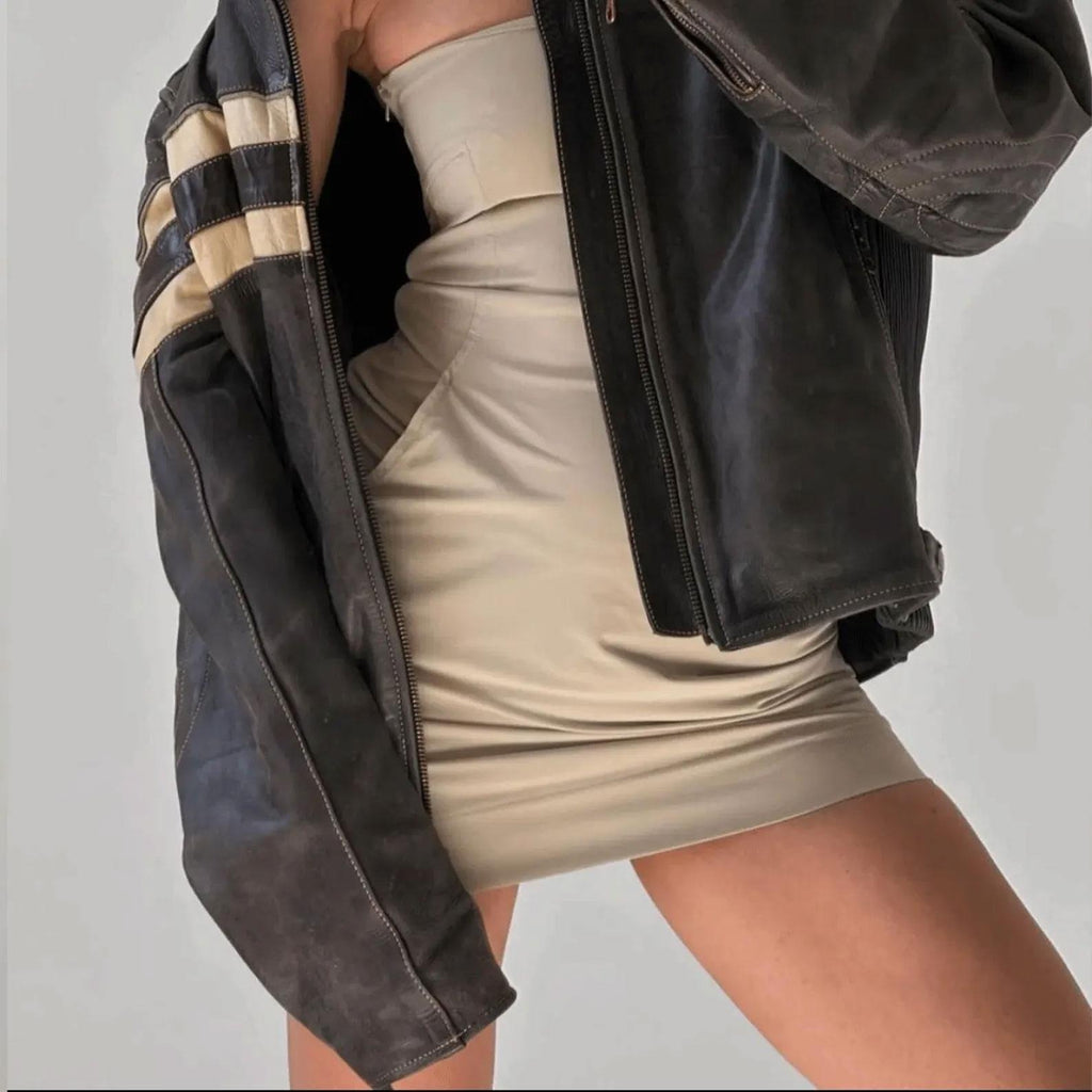 Women's Black Classic White Stripped Chest And Sleeves Oversized Leather Jacket