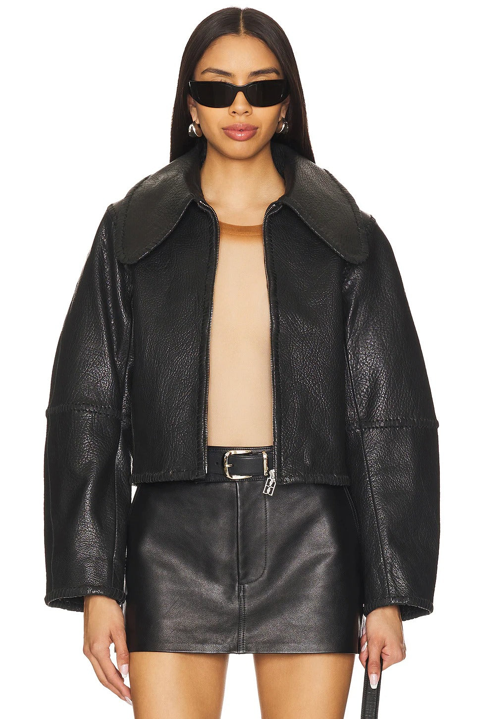 Women's Black Collar Simple Leather Jacket