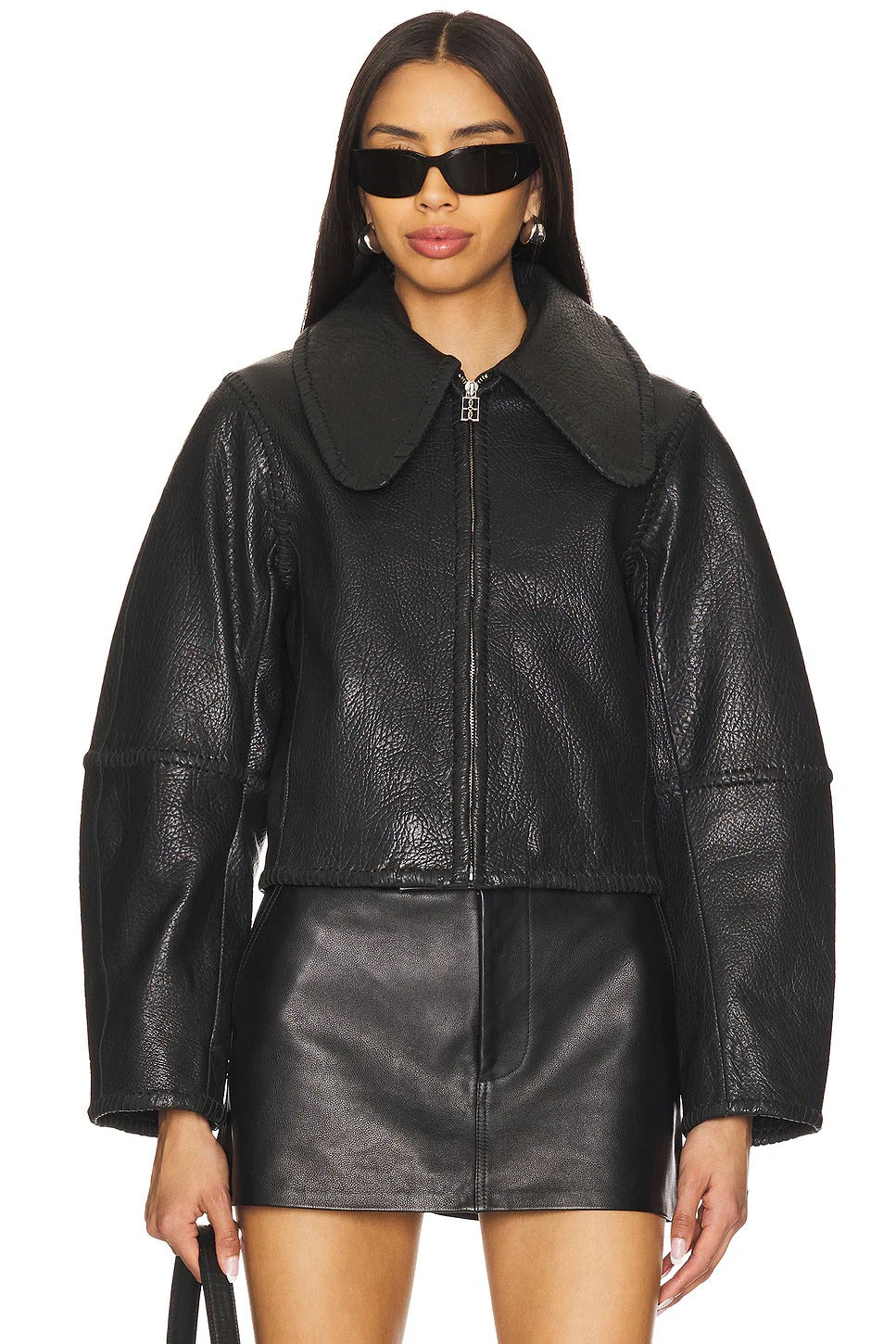 Women's Black Collar Simple Leather Jacket