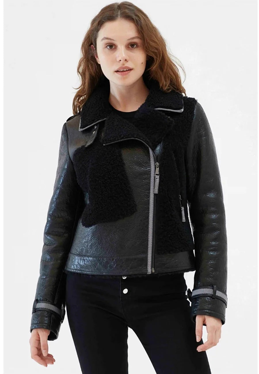 Women’s Black Collared Fur Leather Shearling Jacket