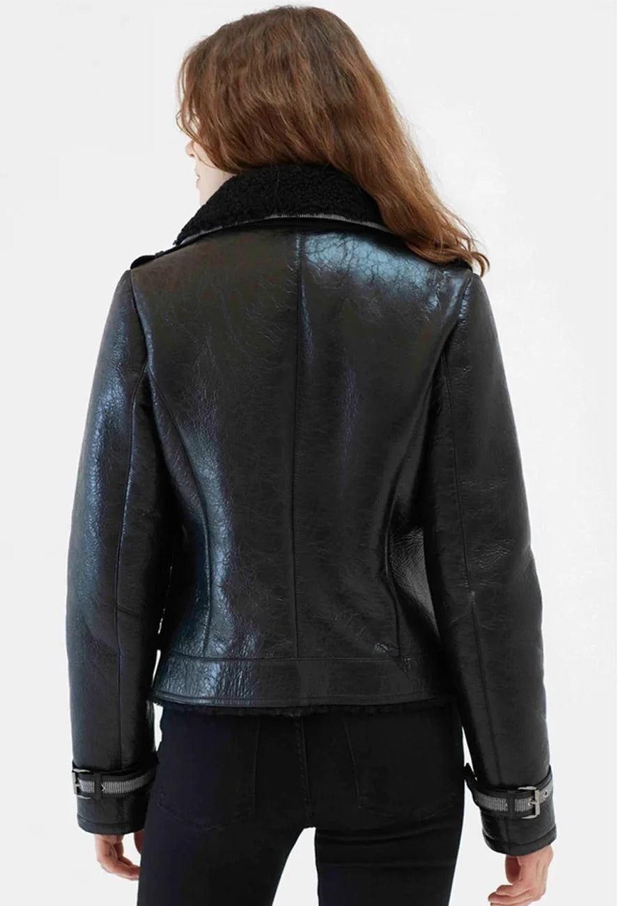 Women’s Black Collared Fur Leather Shearling Jacket