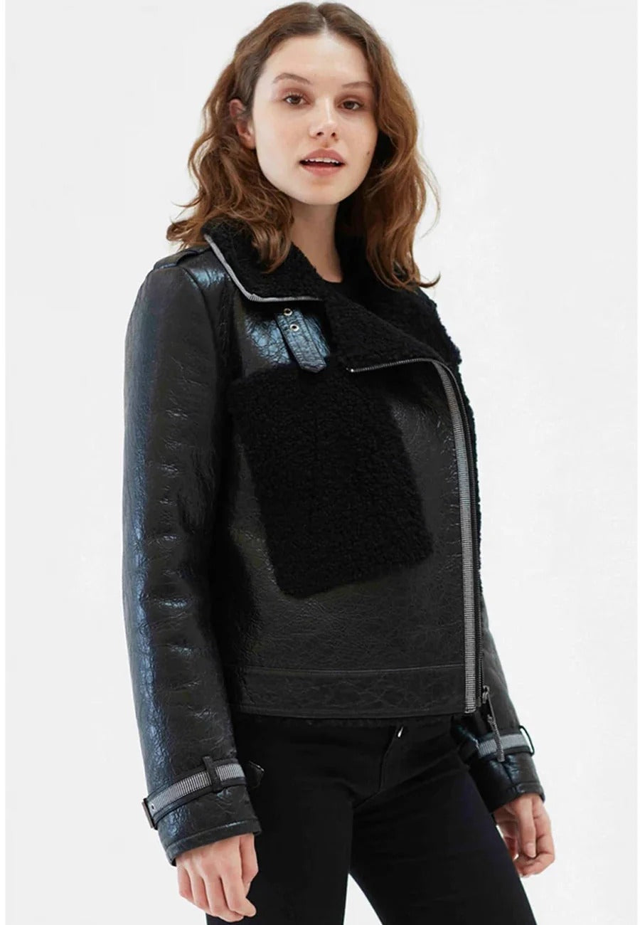Women’s Black Collared Fur Leather Shearling Jacket