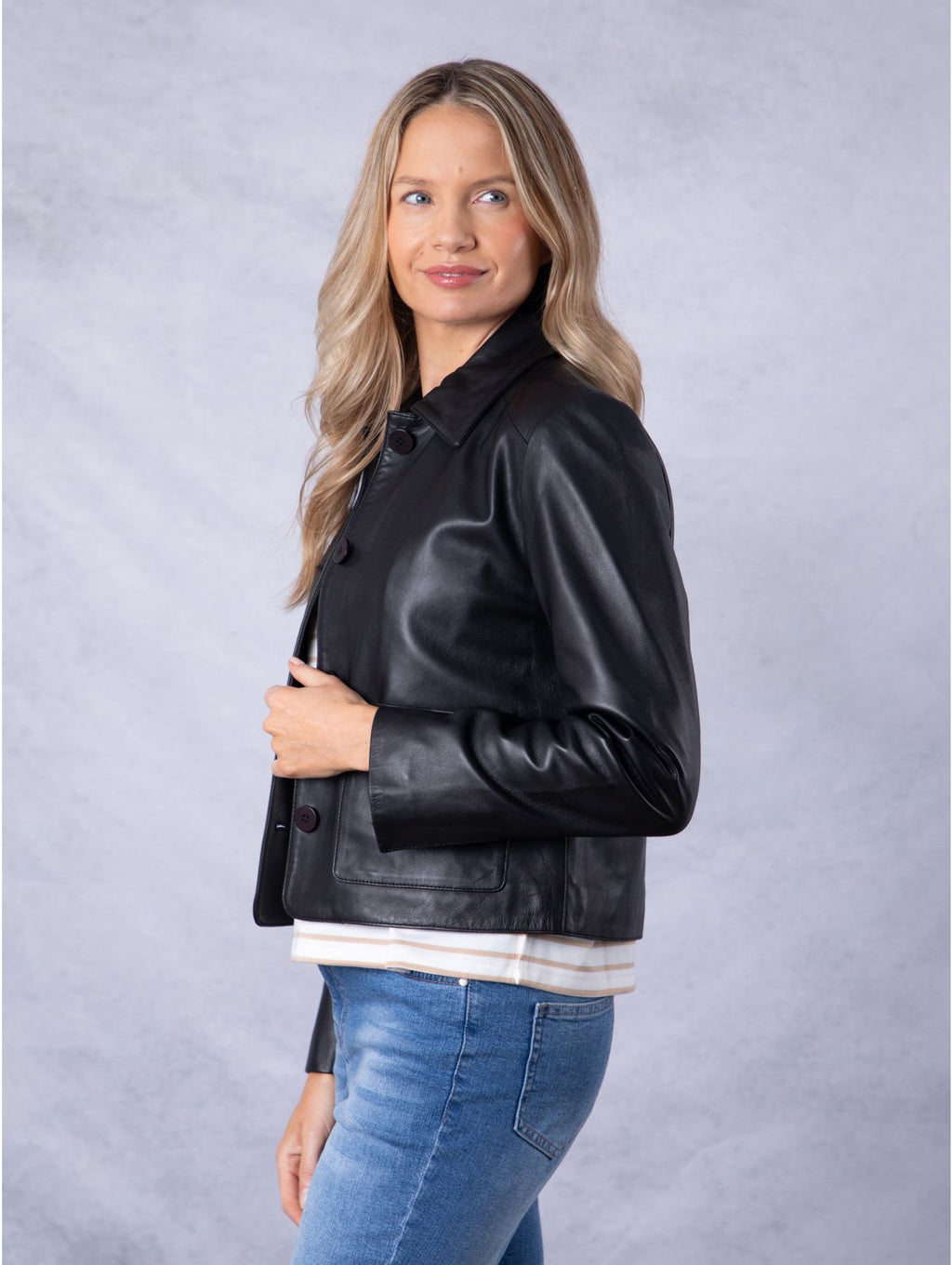 Women's Black Collared Leather Jacket