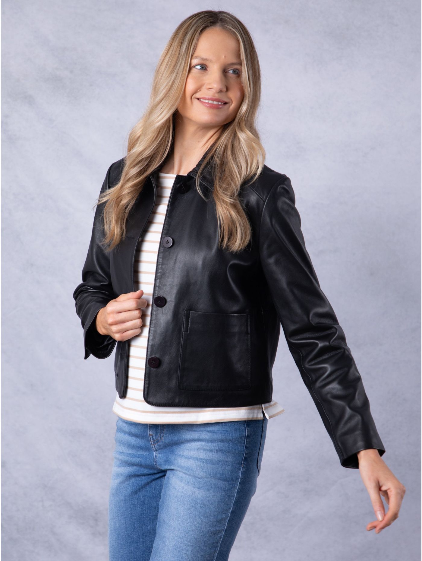 Women's Black Collared Leather Jacket