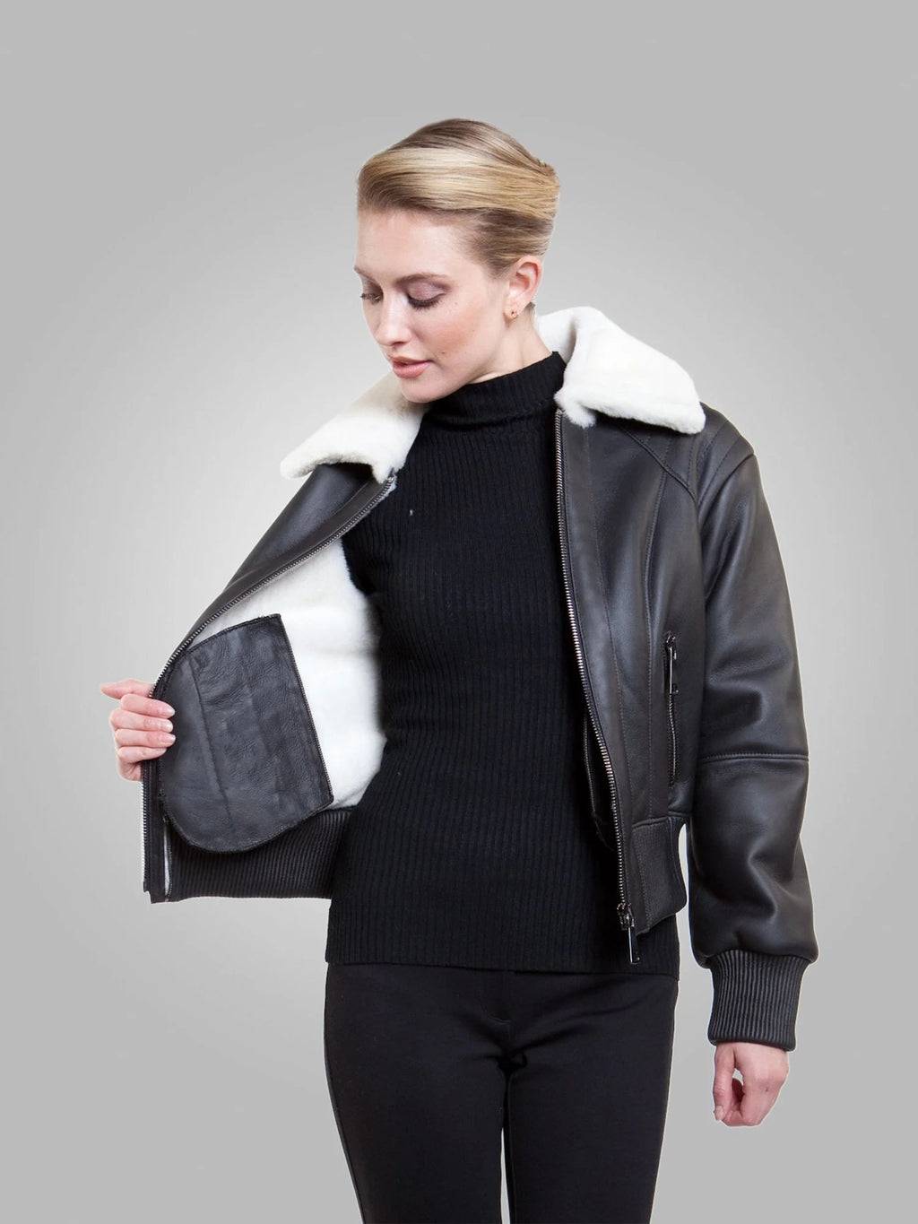 Women’s Black Collared Leather White Shearling Jacket