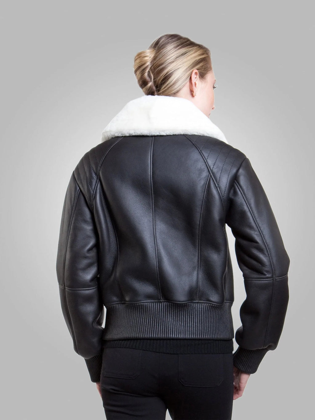 Women’s Black Collared Leather White Shearling Jacket