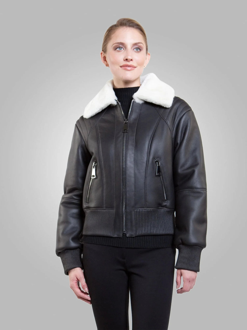 Women’s Black Collared Leather White Shearling Jacket