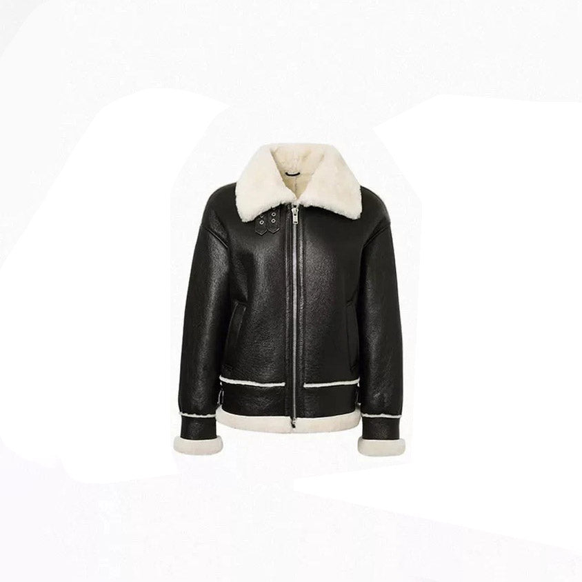 Women’s Black Collared White Fur Leather Shearling Jacket