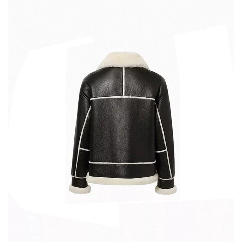 Women’s Black Collared White Fur Leather Shearling Jacket