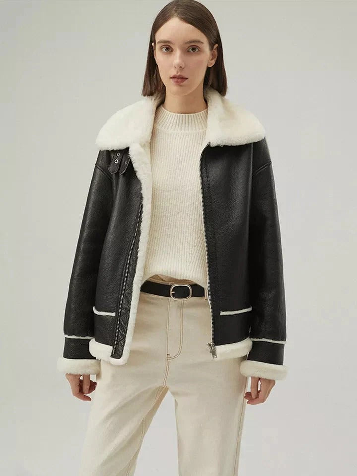 Women’s Black Collared White Fur Leather Shearling Jacket