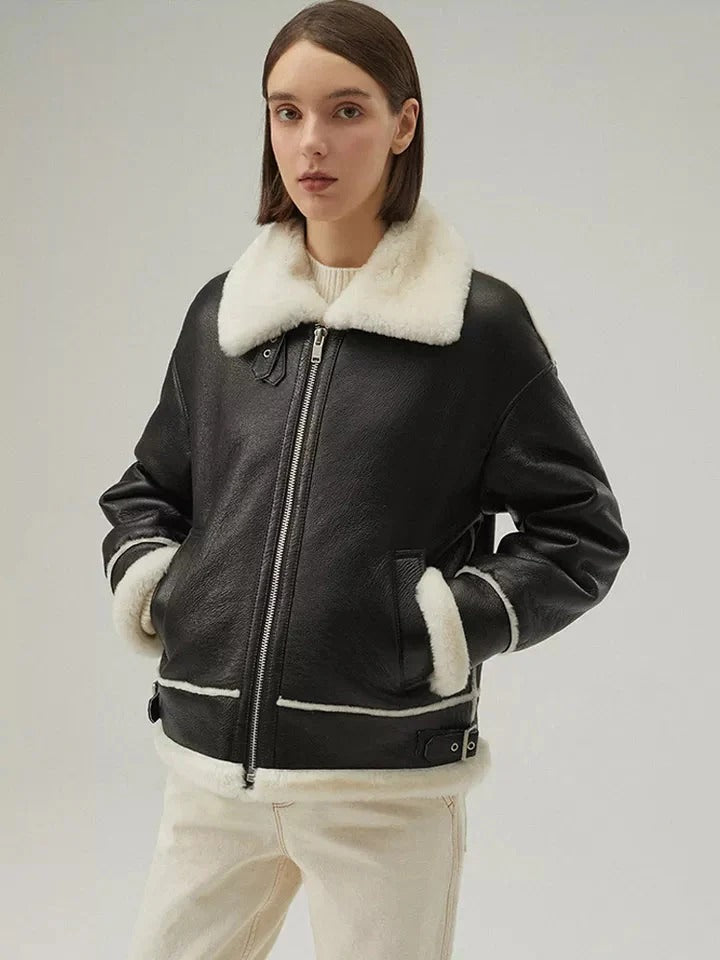 Women’s Black Collared White Fur Leather Shearling Jacket