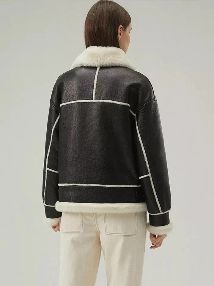Women’s Black Collared White Fur Leather Shearling Jacket