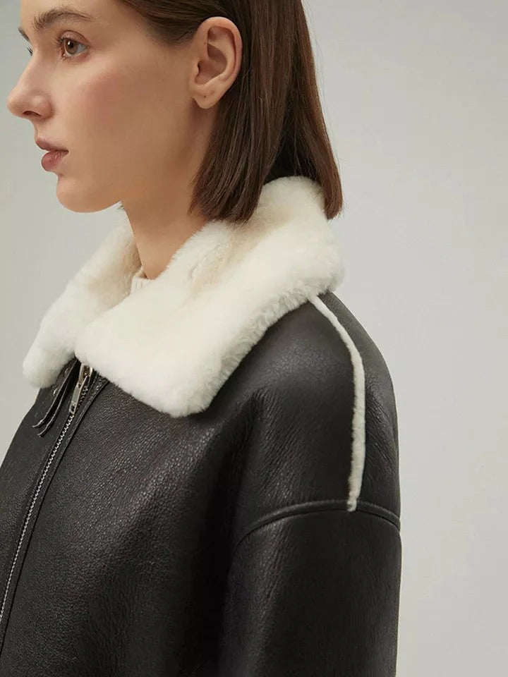 Women’s Black Collared White Fur Leather Shearling Jacket