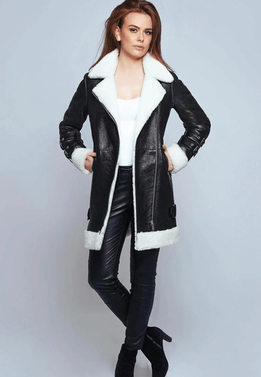 Women’s Black Collared sheepskin Leather White Shearling Long Fur Coat
