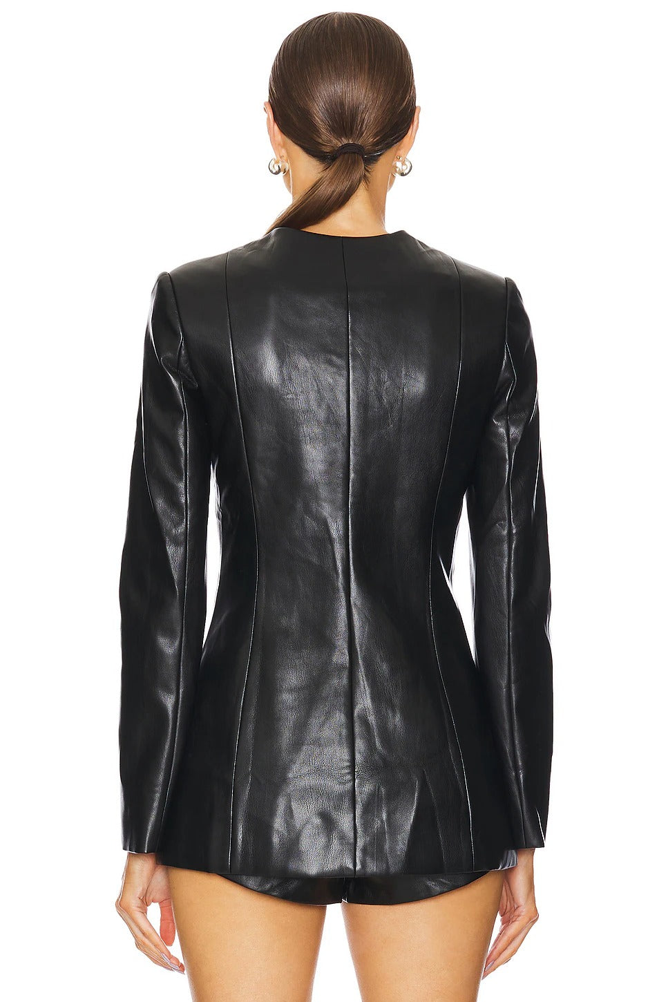 Women's Black Collarless Simple Leather Jacket