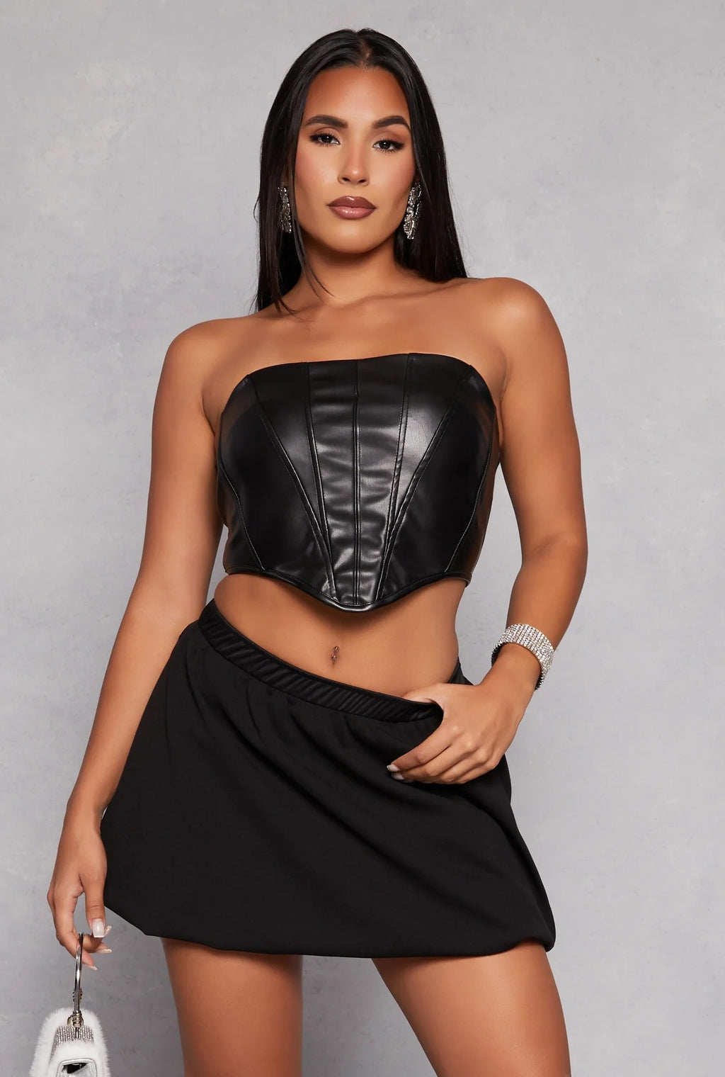 Women's Black Corset Tube Faux Leather Top