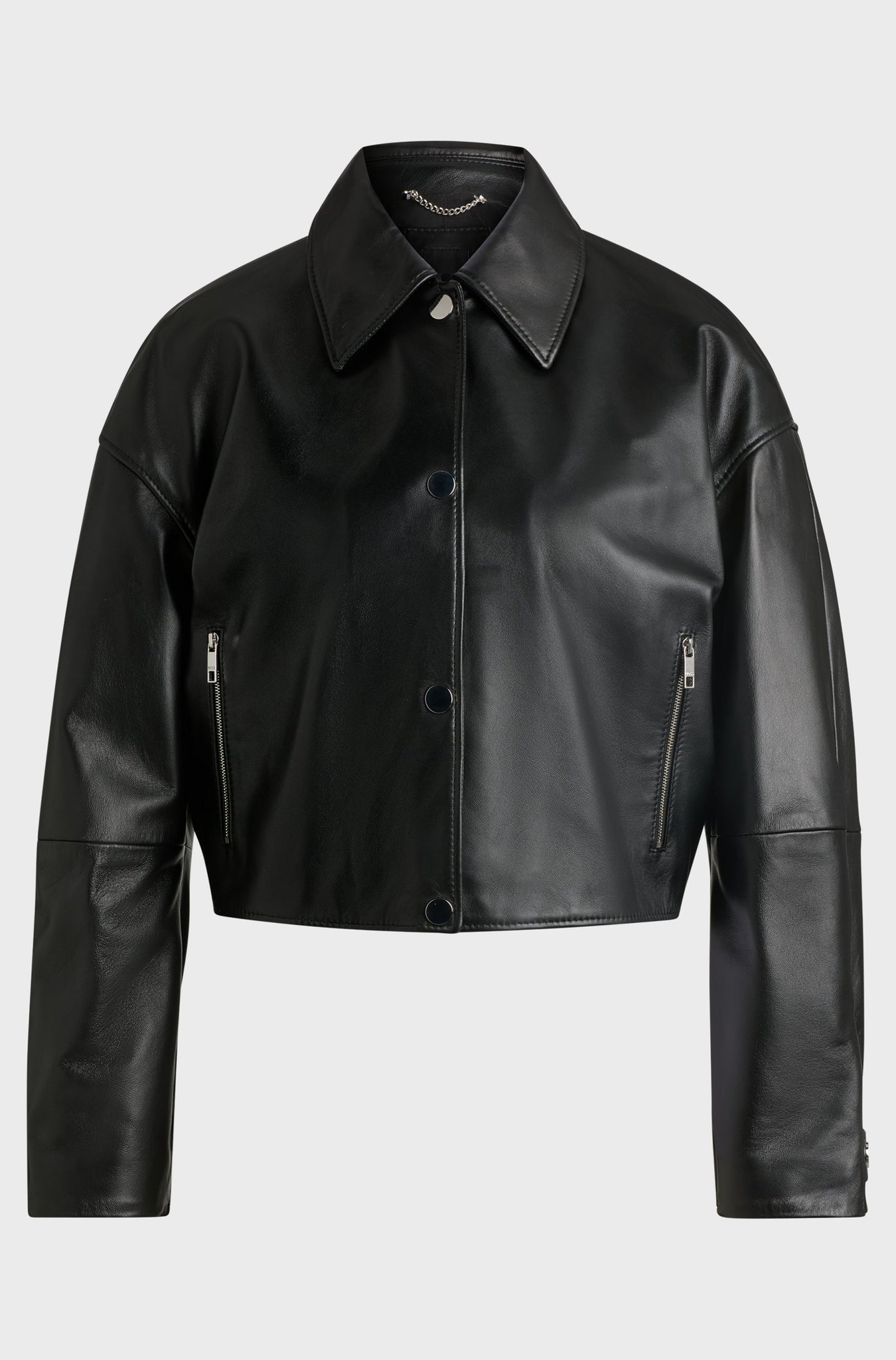Women's Black Covered Press Studs Kent Collar Leather Jacket